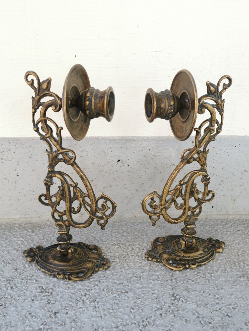 Vintage Italian Brass Art Nouveau Swing Arm Wall Sconce Candle Holders Set of 2